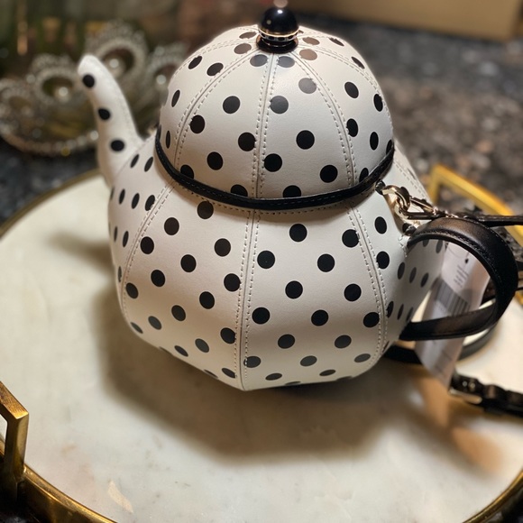 kate spade Handbags - Kate Spade Alice In Wonderland Collection Black&White Polka Dot Teapot Crossbody